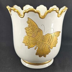 Vintage Ugo Zaccagnini Italian Pottery White Gold butterfly Cache Pot planter
